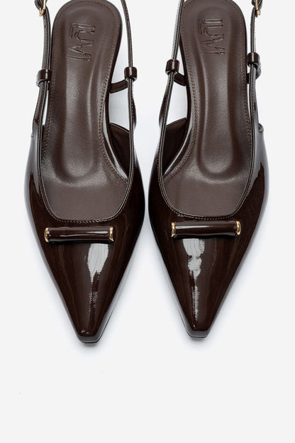 RHEA - Brown Patent Buckle Mini Block Heel Pump (Women)
