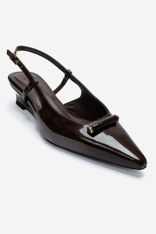 RHEA - Brown Patent Buckle Mini Block Heel Pump (Women)