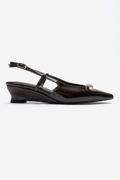 RHEA - Brown Patent Buckle Mini Block Heel Pump (Women)
