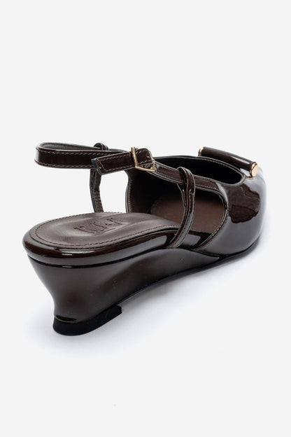 RHEA - Brown Patent Buckle Mini Block Heel Pump (Women)