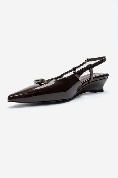 RHEA - Brown Patent Buckle Mini Block Heel Pump (Women)