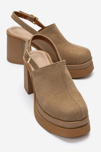 BAVIX - Beige Suede Genuine Leather Slingback Platform Closed-Toe Block Heel Sandal (Women)