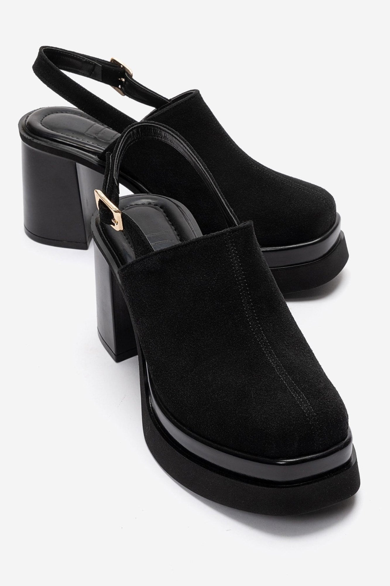 BAVIX - Black Suede Genuine Leather Slingback Platform Closed-Toe Block Heel Sandal (Women)