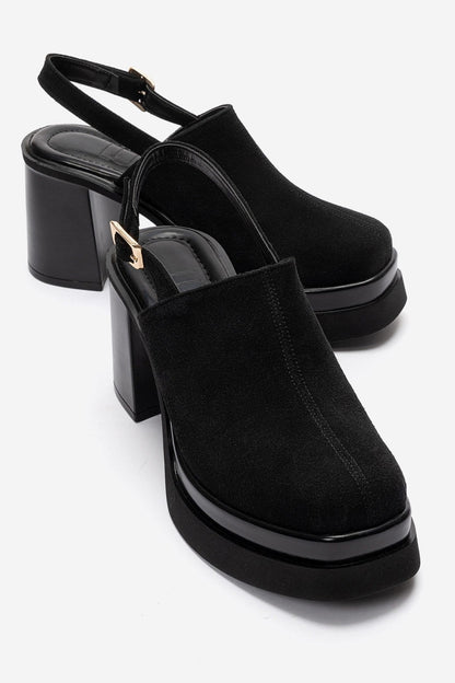 BAVIX - Black Suede Genuine Leather Slingback Platform Closed-Toe Block Heel Sandal (Women)