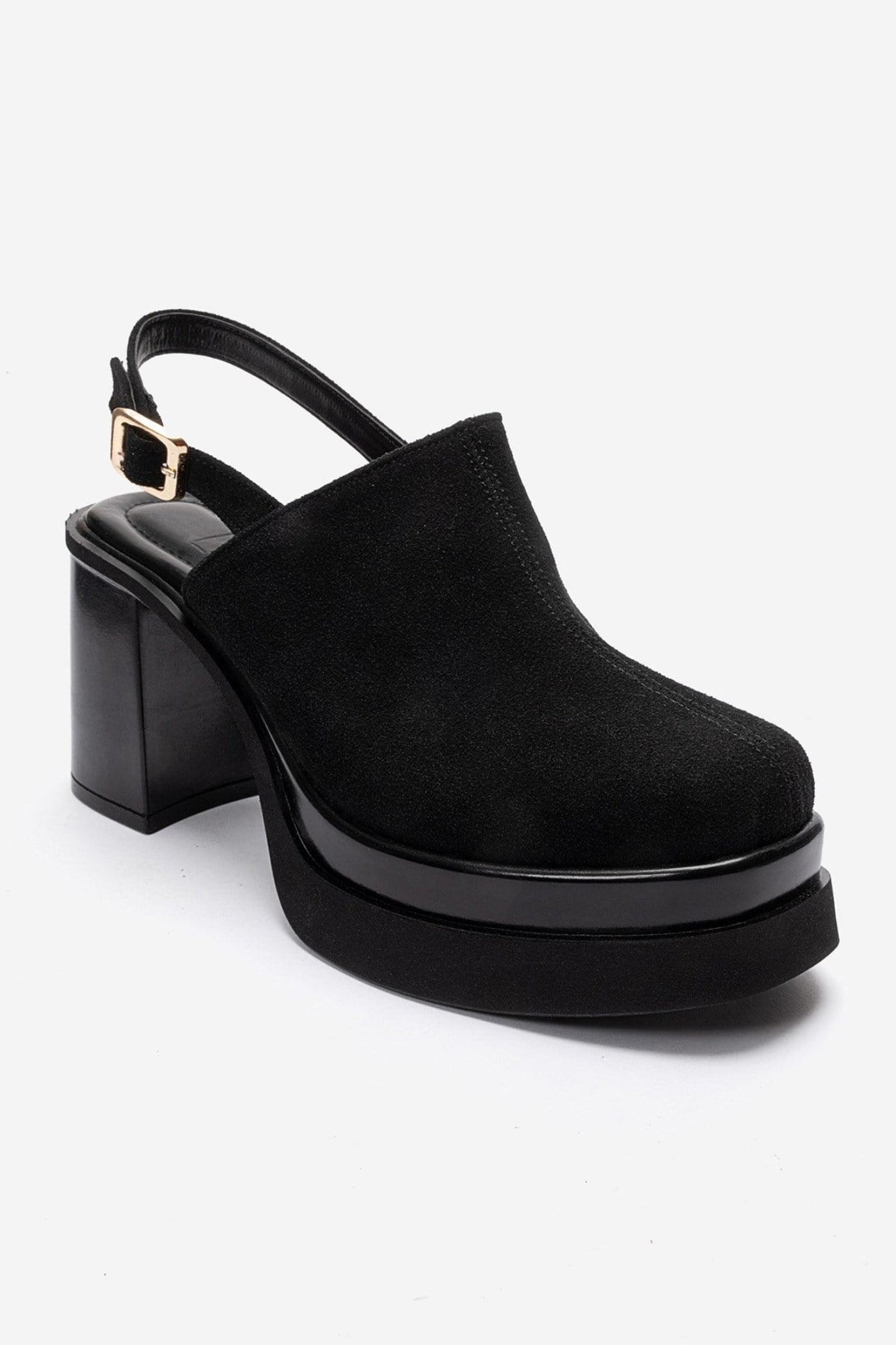 BAVIX - Black Suede Genuine Leather Slingback Platform Closed-Toe Block Heel Sandal (Women)