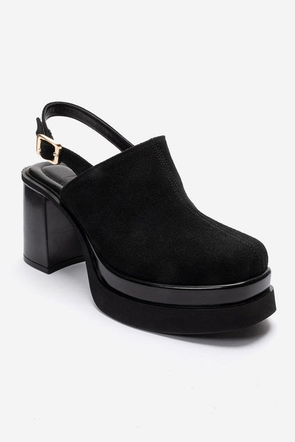 BAVIX - Black Suede Genuine Leather Slingback Platform Closed-Toe Block Heel Sandal (Women)