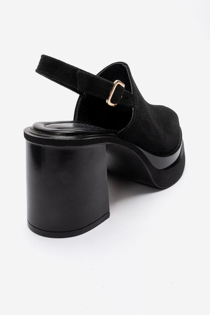 BAVIX - Black Suede Genuine Leather Slingback Platform Closed-Toe Block Heel Sandal (Women)