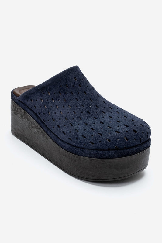 Lune - Navy Genuine Leather Platform Mule (Women)