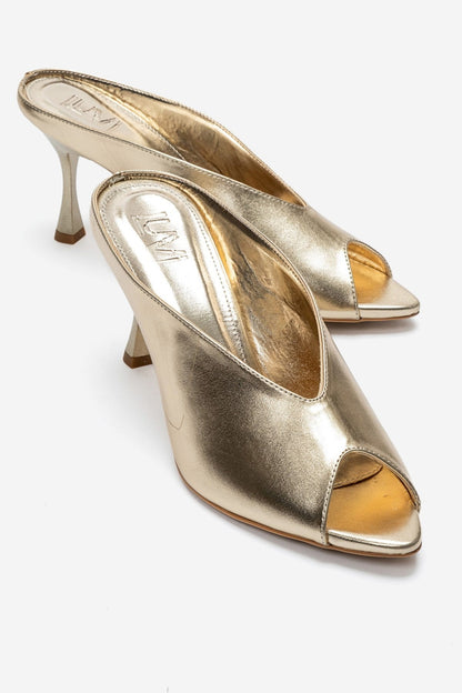 PELINA - Gold Genuine Leather Thin Heel Mule (Women)
