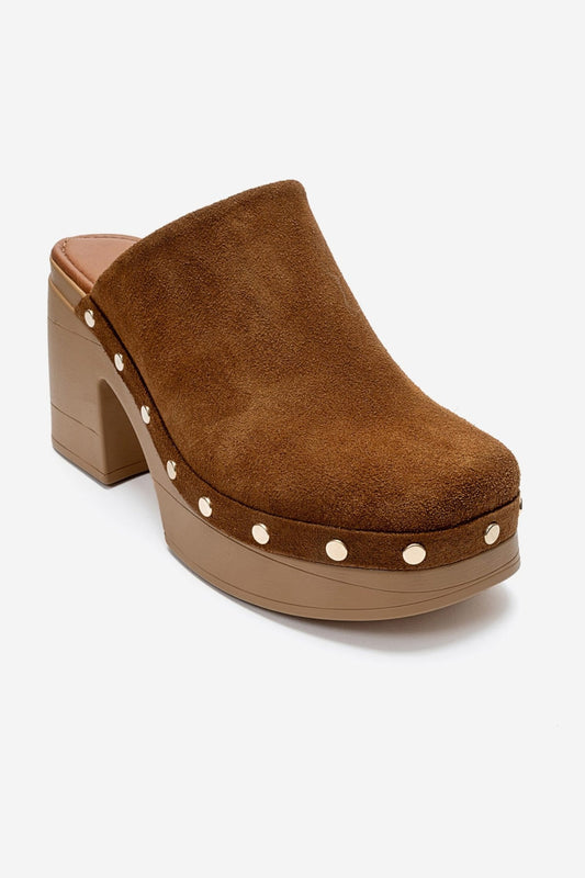 BELLUNE - Camel Genuine Leather Platform Block Heel Mule (Women)