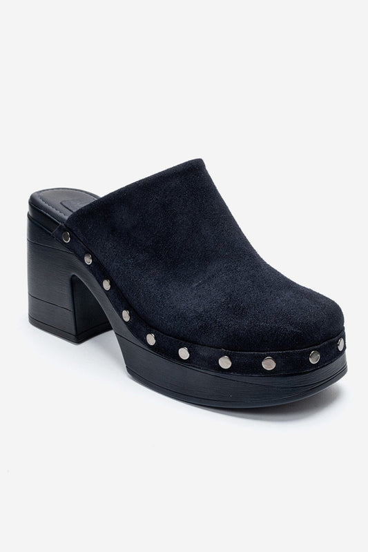 BELLUNE - Navy Genuine Leather Platform Block Heel Mule (Women)