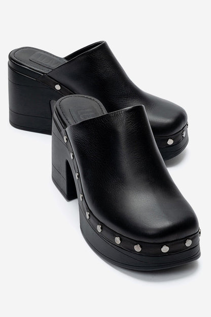 BELLUNE - Black Genuine Leather Platform Block Heel Mule (Women)