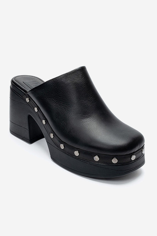 BELLUNE - Black Genuine Leather Platform Block Heel Mule (Women)