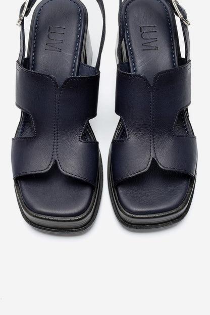 KEVIN - Navy Genuine Leather Platform Heel Sandal (Women)
