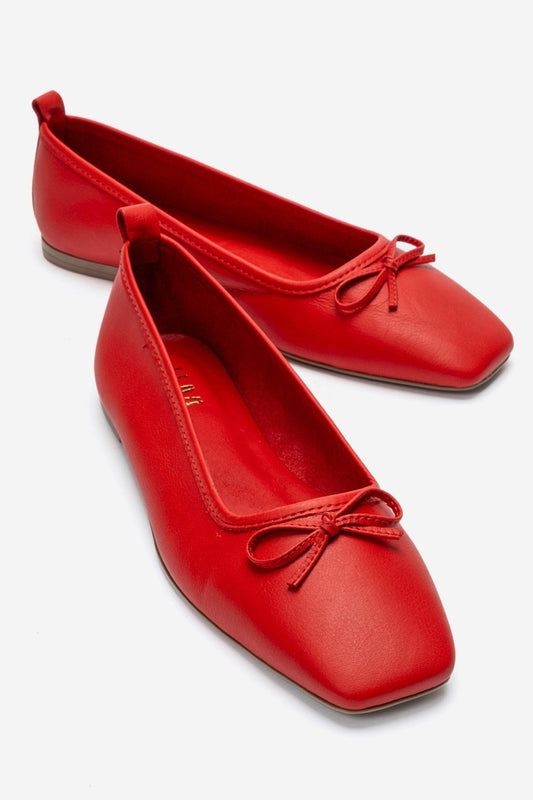 Sosa - Red Genuine Leather Square Toe Bow Ballet Flat (Women)