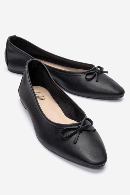 UMIEL - Black Genuine Leather Bow Ballet Flat (Women)