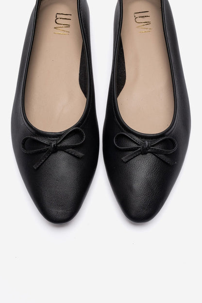 UMIEL - Black Genuine Leather Bow Ballet Flat (Women)