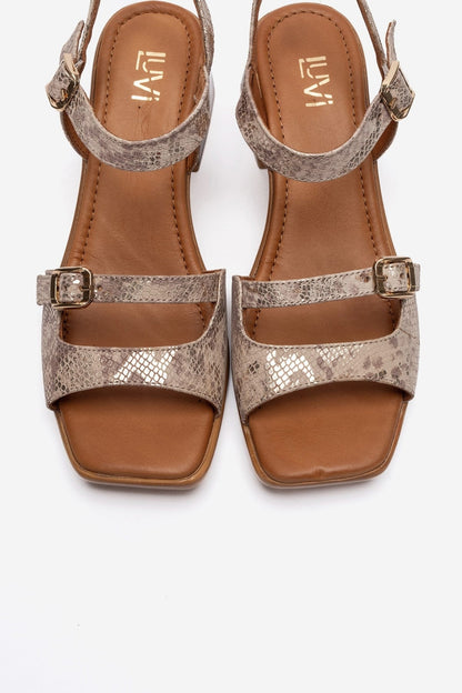 YOLEN - Beige Patterned Genuine Leather Block Heel Sandal (Women)
