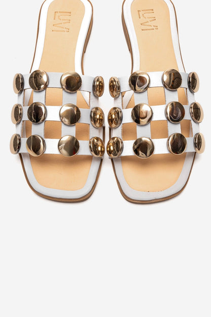 Bareon - White Genuine Leather Buckled Band Slide (Women)