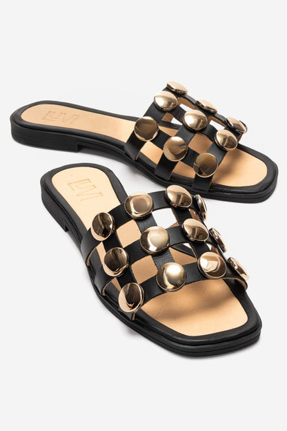 Bareon - Black Genuine Leather Buckled Band Slide (Women)