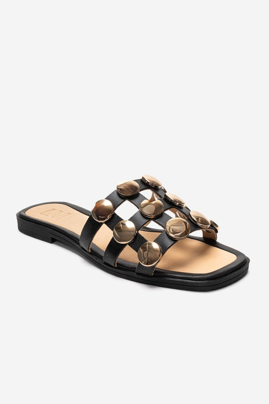 Bareon - Black Genuine Leather Buckled Band Slide (Women)