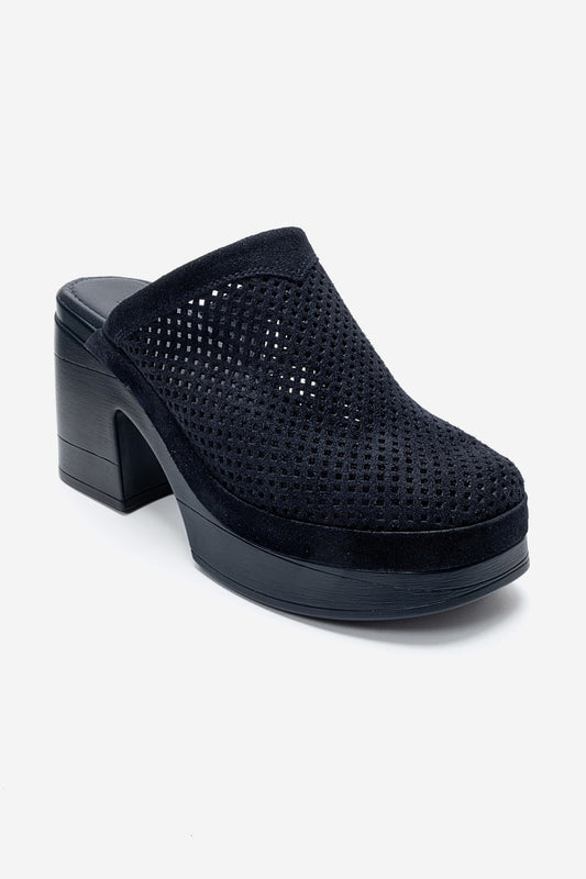 DEJAS - Navy Genuine Leather Platform Block Heel Mule (Women)