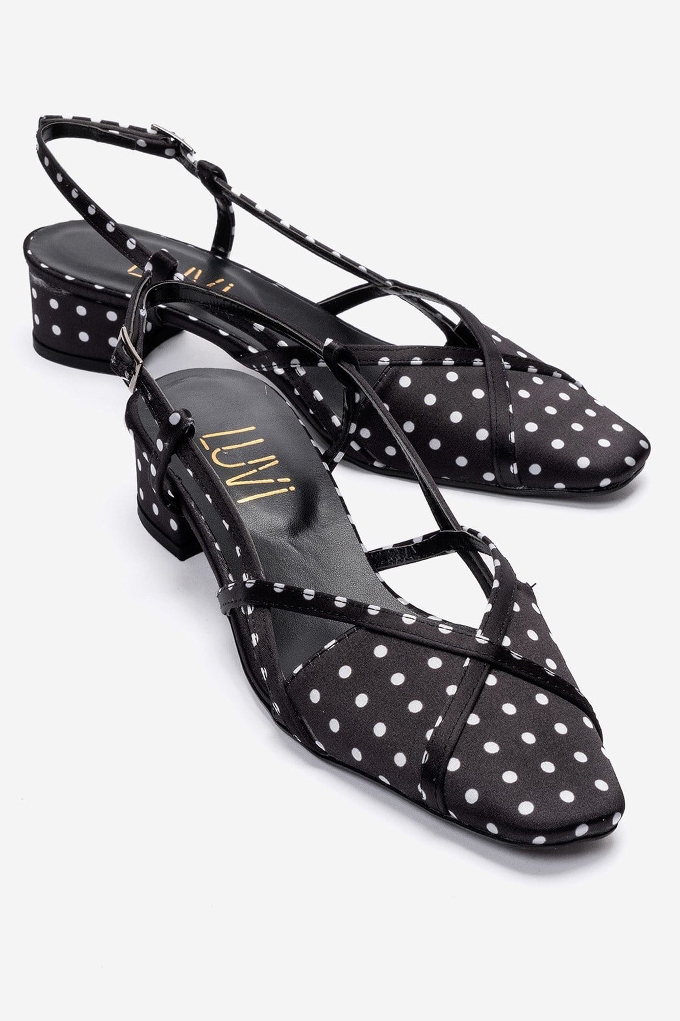 OLENA - Black White Polka Dot Genuine Leather Low Block Heel Sandal (Women)