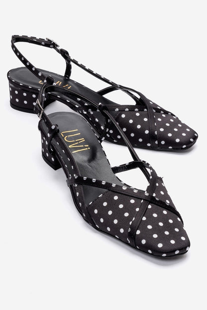 OLENA - Black White Polka Dot Genuine Leather Low Block Heel Sandal (Women)