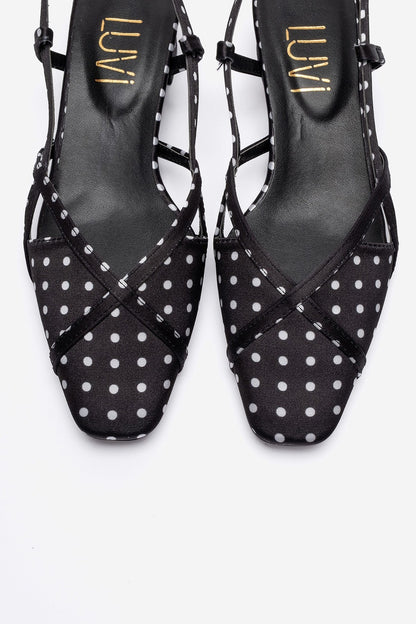 OLENA - Black White Polka Dot Genuine Leather Low Block Heel Sandal (Women)