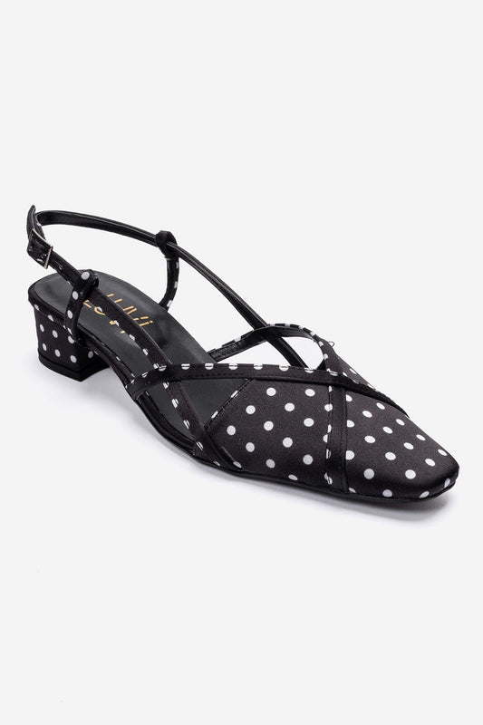 OLENA - Black White Polka Dot Genuine Leather Low Block Heel Sandal (Women)