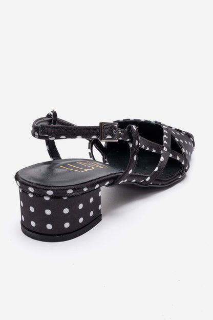 OLENA - Black White Polka Dot Genuine Leather Low Block Heel Sandal (Women)