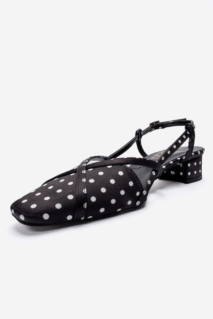 OLENA - Black White Polka Dot Genuine Leather Low Block Heel Sandal (Women)