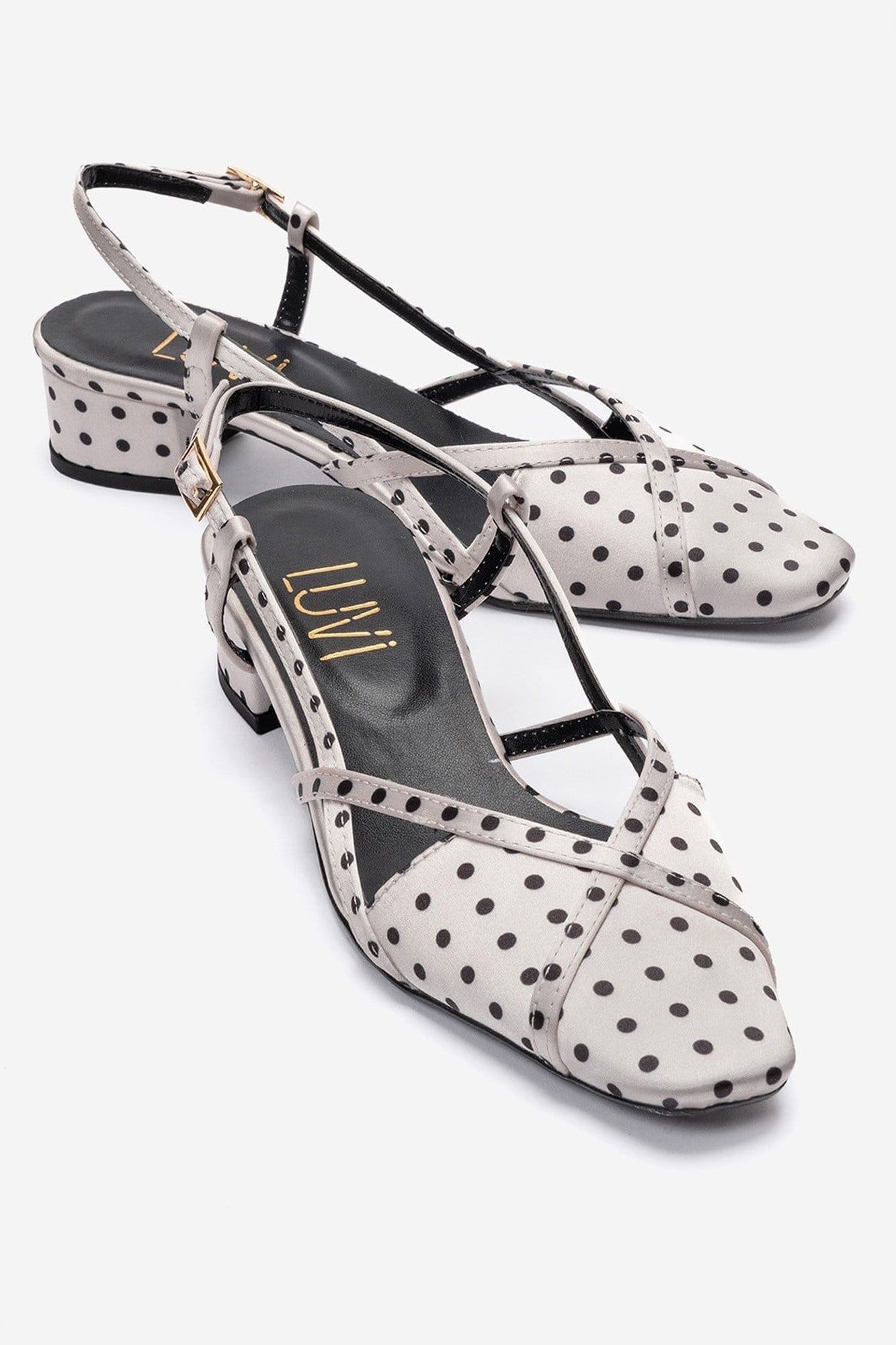 OLENA - White Black Polka Dot Genuine Leather Low Block Heel Sandal (Women)