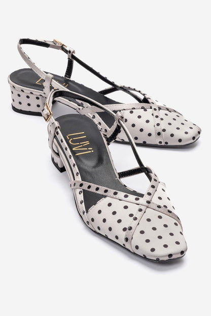 OLENA - White Black Polka Dot Genuine Leather Low Block Heel Sandal (Women)