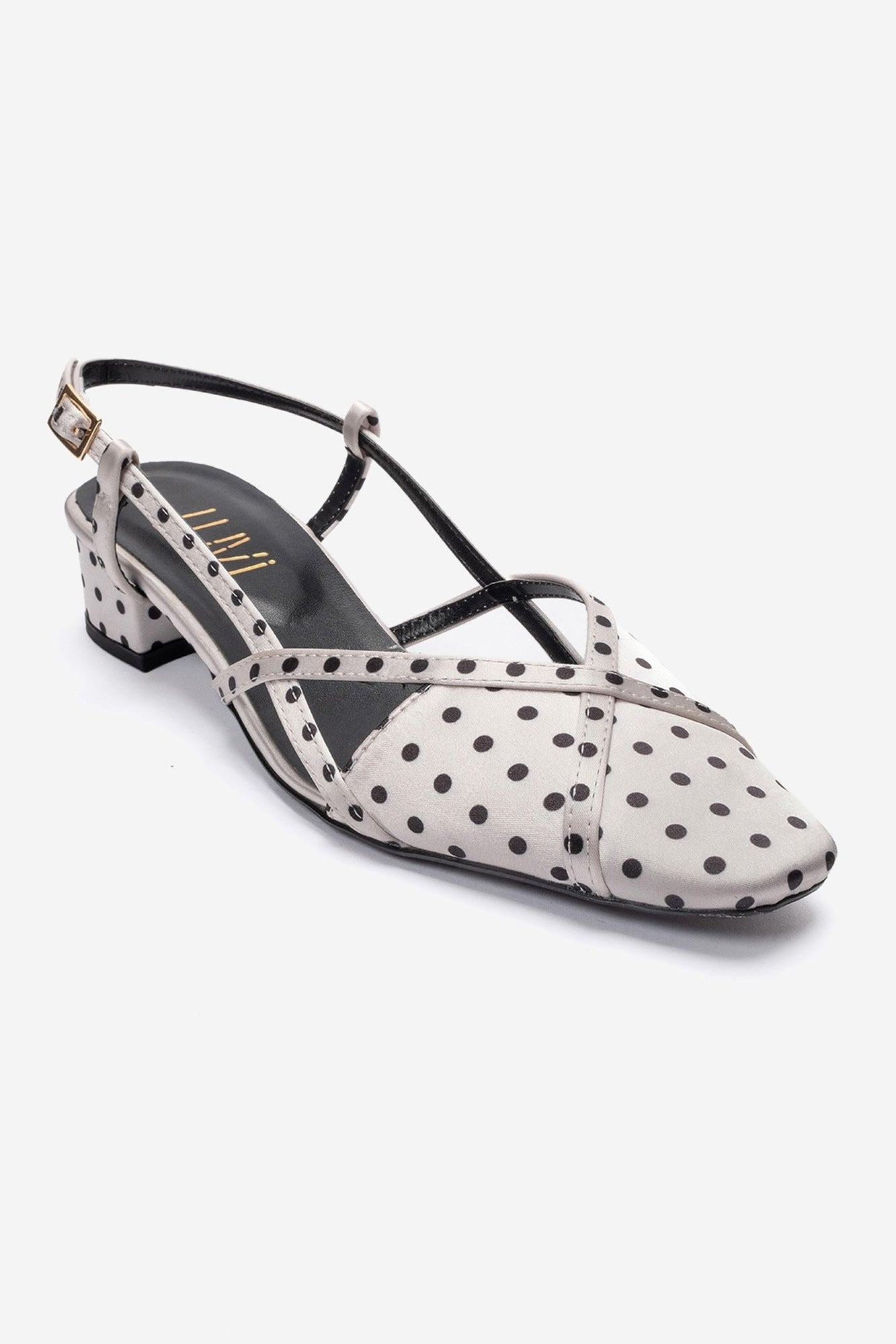 OLENA - White Black Polka Dot Genuine Leather Low Block Heel Sandal (Women)
