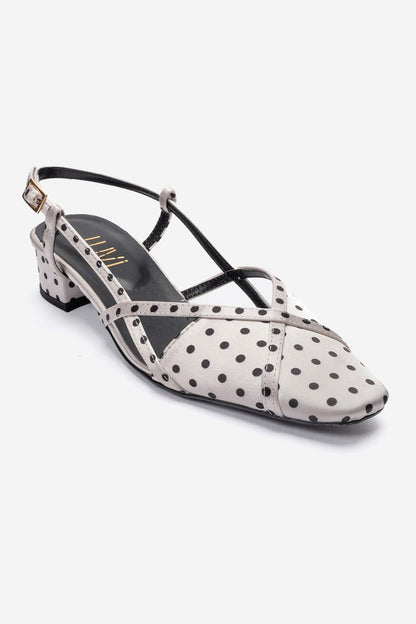 OLENA - White Black Polka Dot Genuine Leather Low Block Heel Sandal (Women)