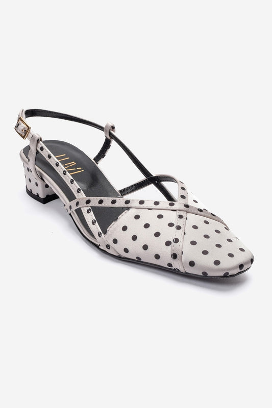 OLENA - White Black Polka Dot Genuine Leather Low Block Heel Sandal (Women)