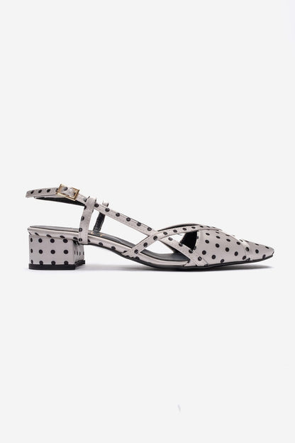 OLENA - White Black Polka Dot Genuine Leather Low Block Heel Sandal (Women)