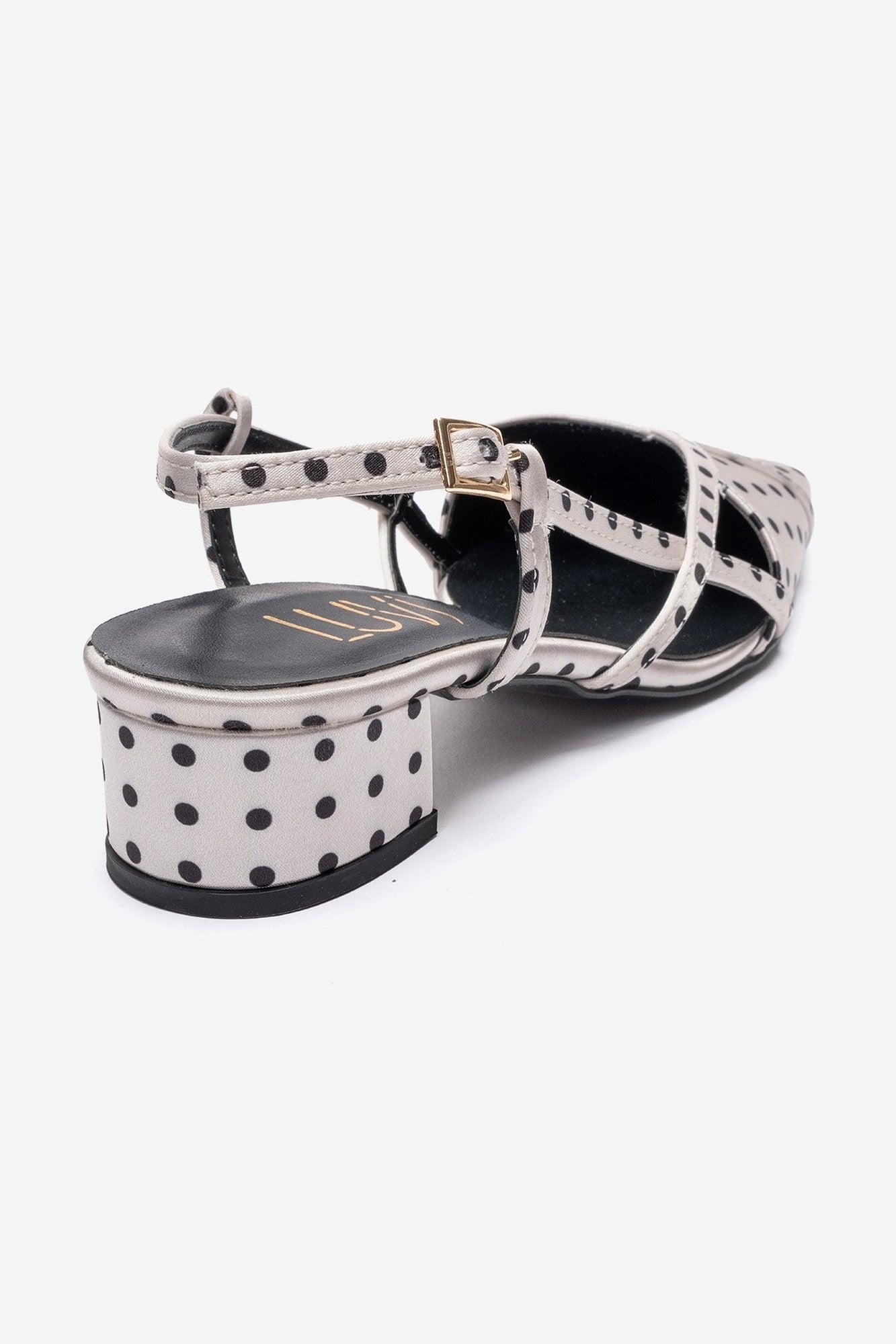 OLENA - White Black Polka Dot Genuine Leather Low Block Heel Sandal (Women)