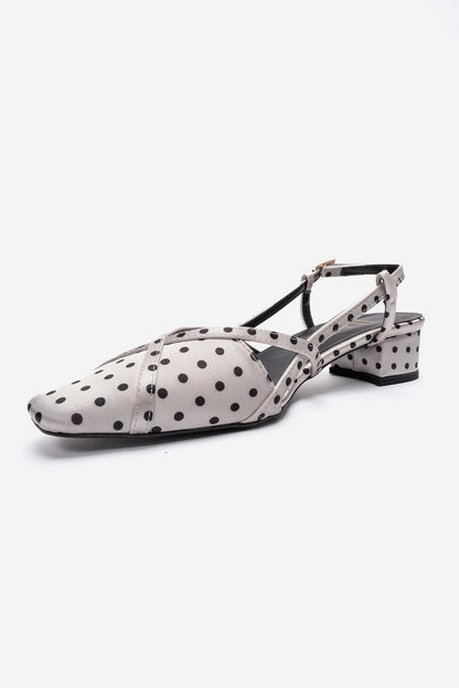 OLENA - White Black Polka Dot Genuine Leather Low Block Heel Sandal (Women)