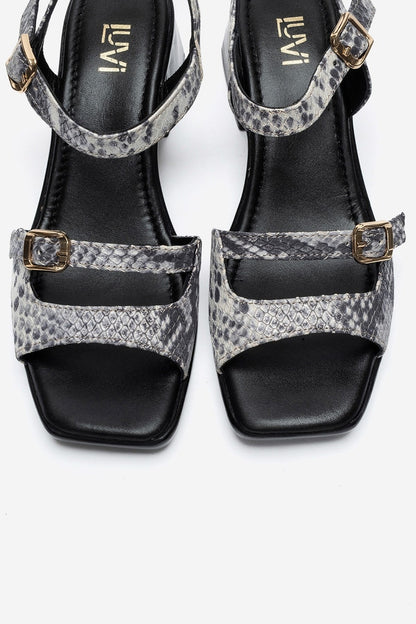 YOLEN - Black Patterned Genuine Leather Block Heel Sandal (Women)