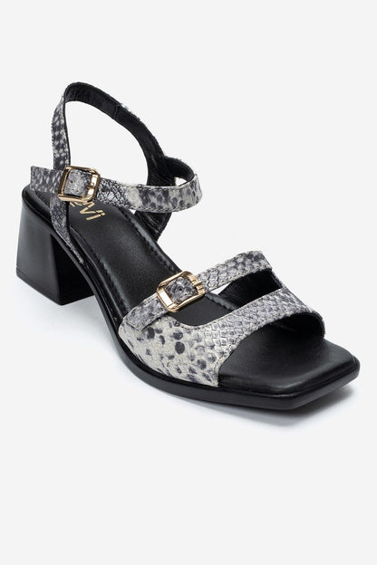 YOLEN - Black Patterned Genuine Leather Block Heel Sandal (Women)