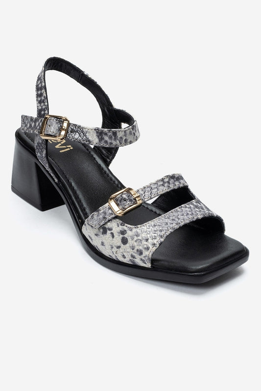 YOLEN - Black Patterned Genuine Leather Block Heel Sandal (Women)
