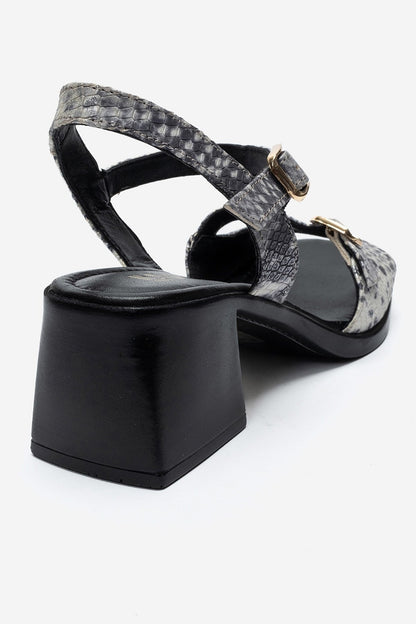YOLEN - Black Patterned Genuine Leather Block Heel Sandal (Women)