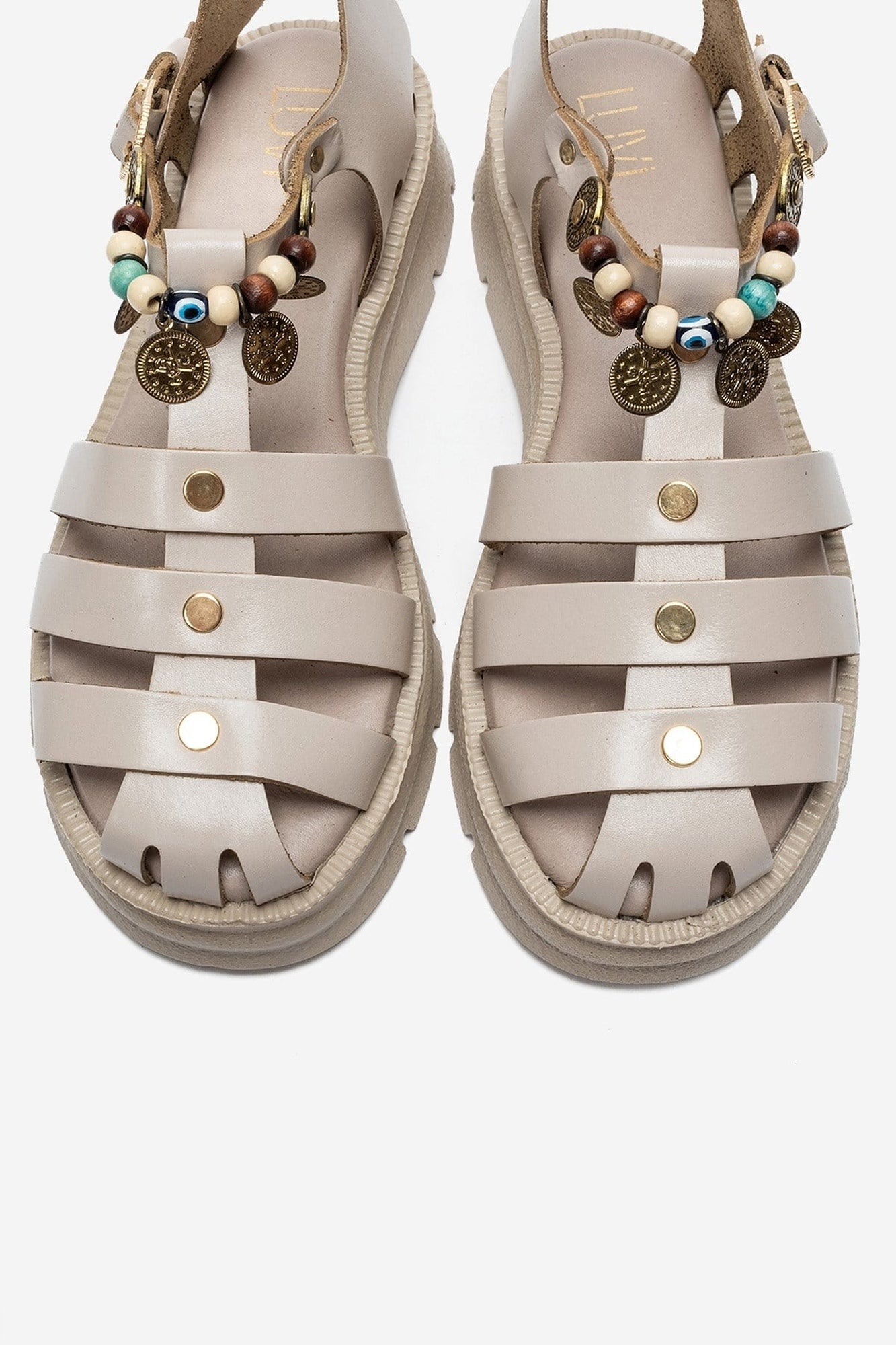 SOLIS - Cream Genuine Leather Beaded Sandal (Women)