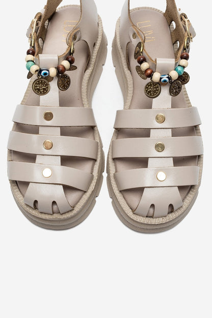 SOLIS - Cream Genuine Leather Beaded Sandal (Women)