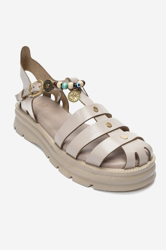 SOLIS - Cream Genuine Leather Beaded Sandal (Women)