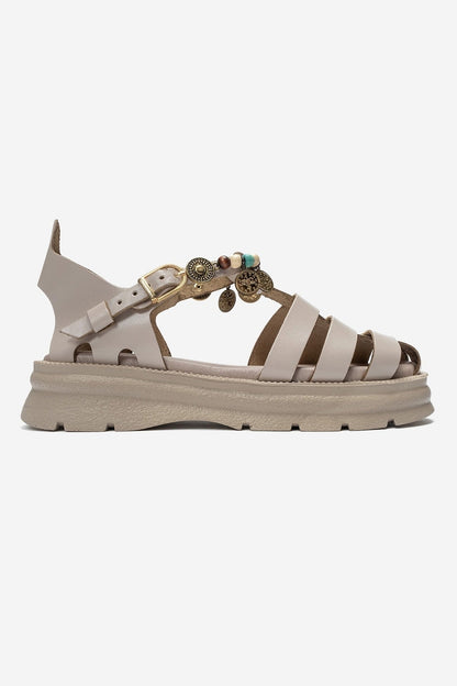 SOLIS - Cream Genuine Leather Beaded Sandal (Women)