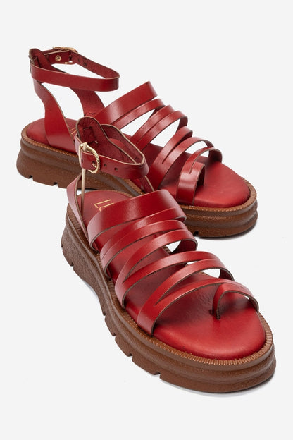 ELSA - Red Genuine Leather Multi-Strap Toe-Post Sandal (Women)
