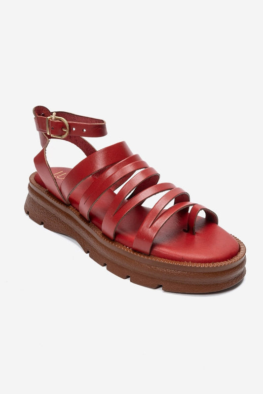 ELSA - Red Genuine Leather Multi-Strap Toe-Post Sandal (Women)
